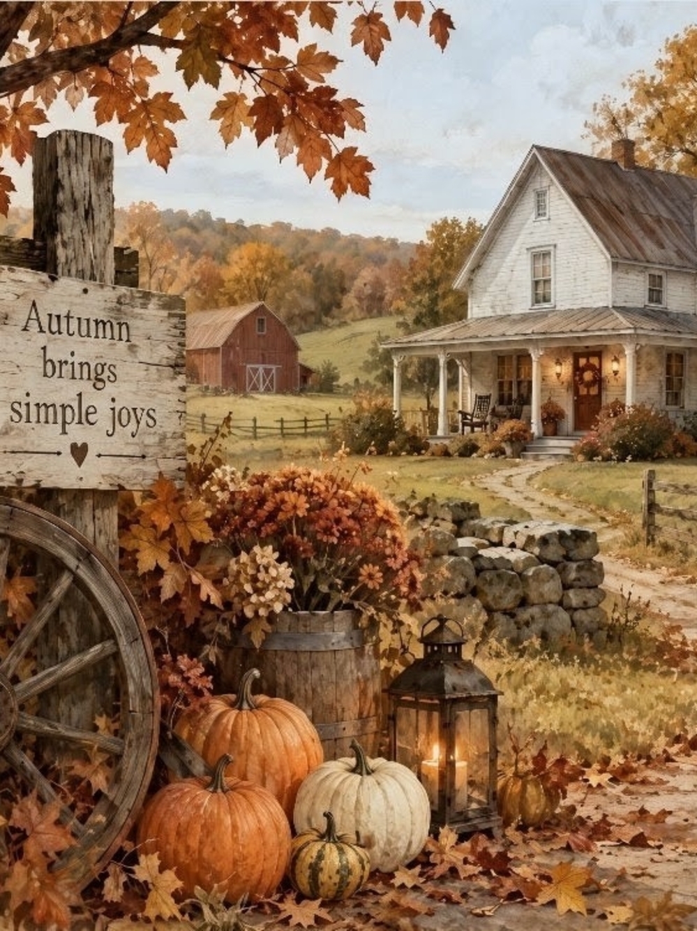 Autumn Farmhouse Fall Harvest Wall Art - Pumpkins & Lantern 8x10 Print